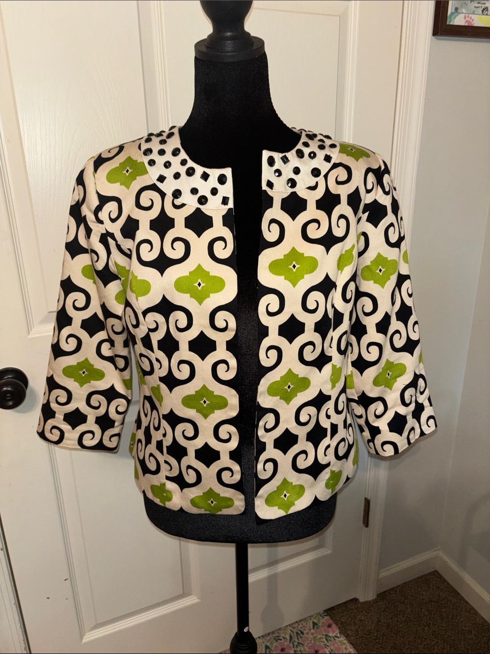 Carole Little Geometric -Print Jacket in Black, Cream & Lime Small